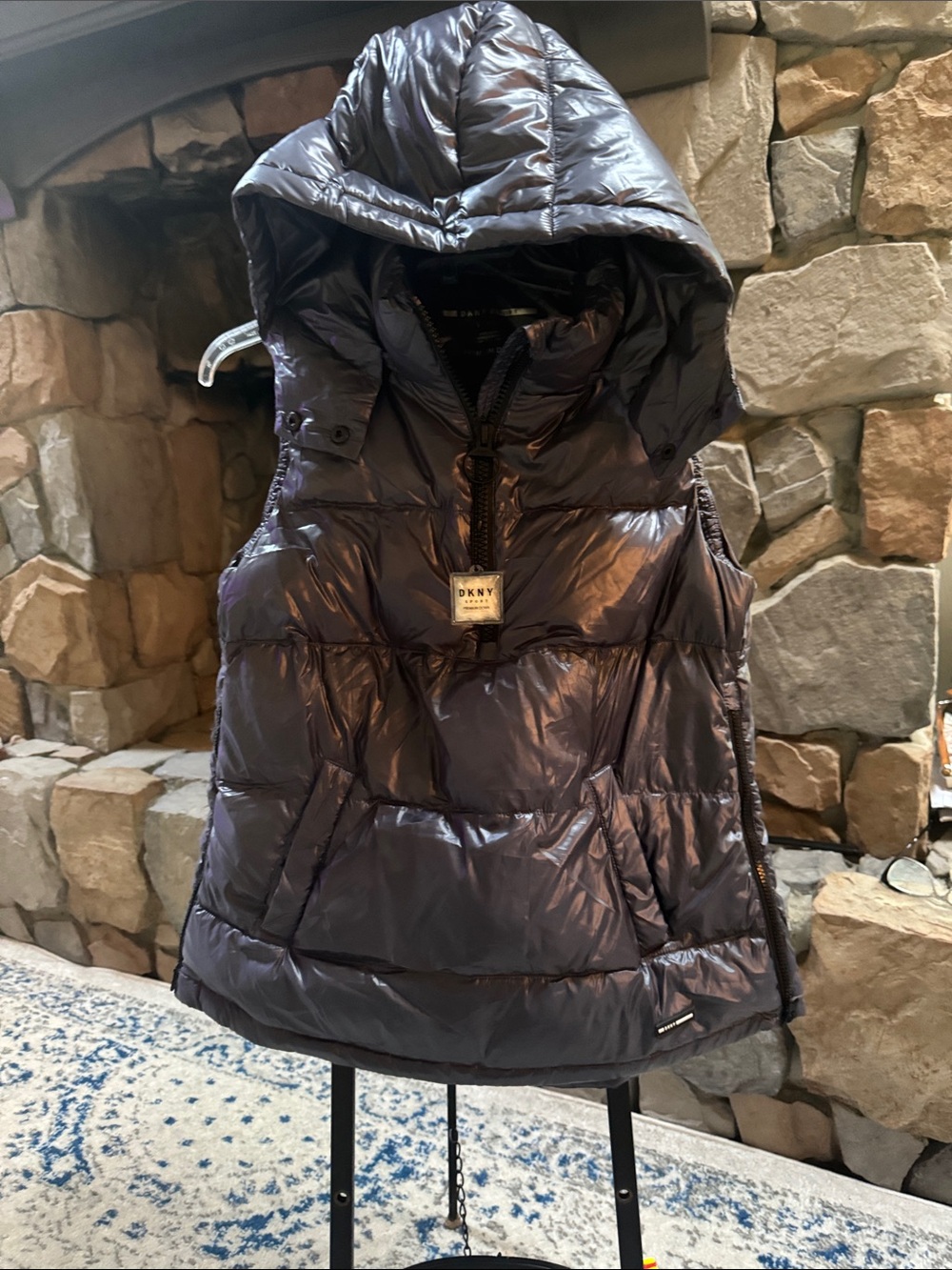 DKNY Shiny Quilted Hooded Puffer Vest in Navy